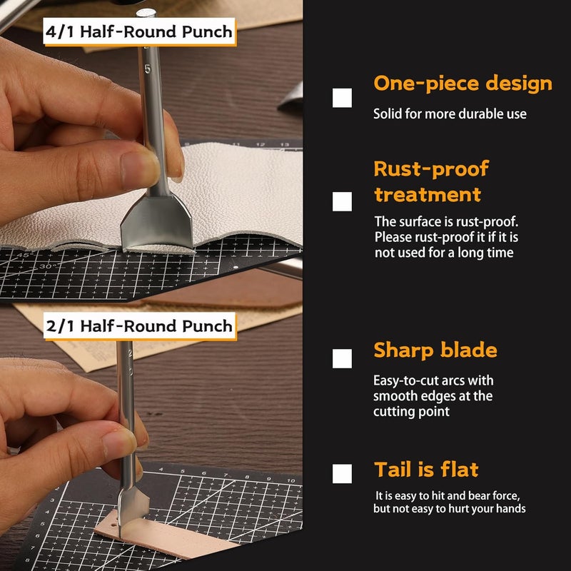 Yizzvb 14 Sizes Leather Corner Punch, Half-Round Punch Set, Leather End Punch with Double Sided Nylon Hammer for Belts, Purses and DIY Products, 10-40mm - Image 3